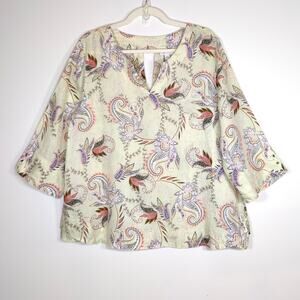 J Jill Love Linen Yellow Floral Paisley Blouse L Boho Lagenlook Top